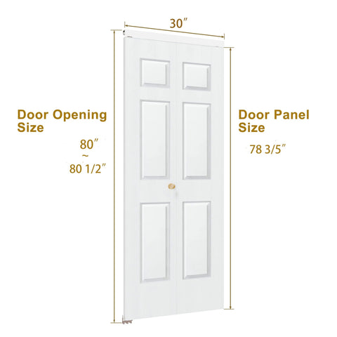 Bifold Door For 30 By 80 Opening, 6 Panel Hollow Core Closet Door With Hardware Kit, White Primed Finish, door dimensions shown