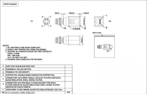 Technical drawing of M12 To RJ45 Ethernet Adapter Cat6 Shielded IP67 Waterproof Bulkhead Connector with dimensions and specifications.