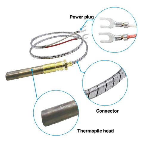 Thermopile generator assembly, 24-inch braided cable, brass sensor head, dual spade connectors.