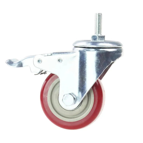 Swivel Stem Casters Heavy Duty Double Locking Castors With Red PU Wheels Quiet No Marking Safe On All Floor Surfaces M10 One Point Five By Twenty Five Millimeters Metric Thread High Load Capacity Pack Of 4 Ideal For Industrial Use In Workshops And