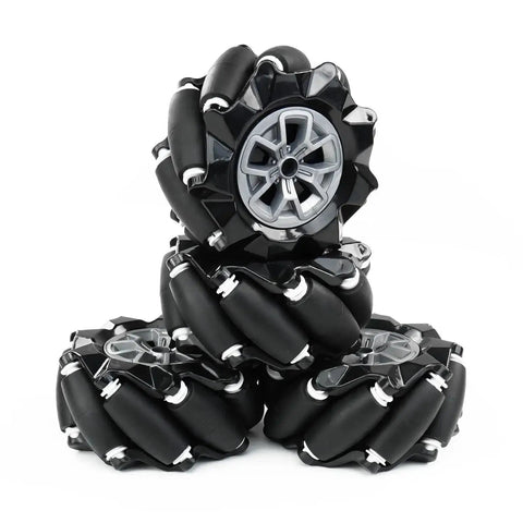 Set Of Four 97mm Mecanum Wheels For AGV Smart Robot With 6mm Hexagonal Metal Couplings ABS Wheel Core And PU Roller Black.