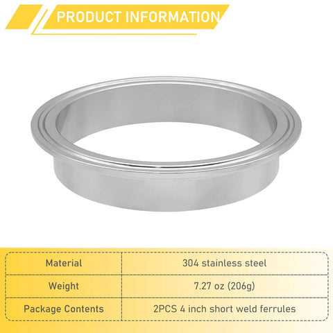 RIXIGOOD 4-inch tri-clamp ferrule, 304 stainless steel, short weld ferrule for sanitary fittings