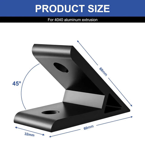 Product dimensions diagram of 4040 Corner Angle Bracket 45 Degree Set for Aluminum Extrusion showing 60x60x32mm black metal part.