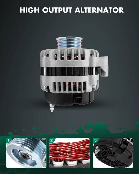 Beefed-Up 160 Amp High Output Alternator Replacement For Chevy Silverado Suburban Tahoe Avalanche GMC Yukon XL Sierra 1500 2500 3500 HD Cadillac Escalade 12V 6-Groove Pulley 400-12253 ADR0369 displayed with wiring and pulley details