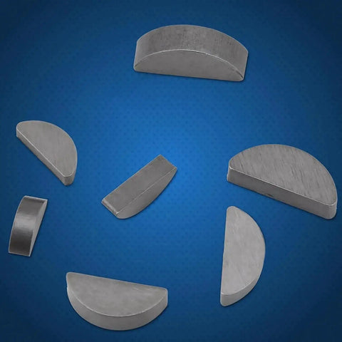 Pro Grade Engine Key And Half Moon Wedge Set in Storage Box Carbon Steel Spring Wedges arranged on blue surface.