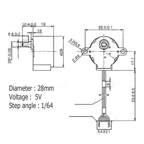 Stepper motor 28BYJ-48 with ULN2003 driver board; technical diagram shows 28 mm diameter, 5 V, 1/64 step angle, Arduino compatible