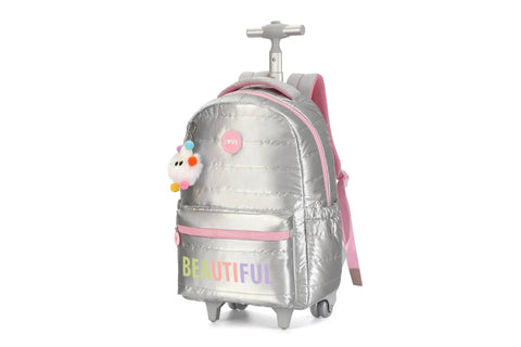 17 Inch Water Resistant Wheeled Laptop Backpack With Convertible Rolling Bag Design Silver with handle and colorful accents