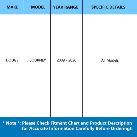 Fitment chart for Front Wheel Hub Bearing Assembly 513286 for Dodge Journey 2009-2020 showing all models information.