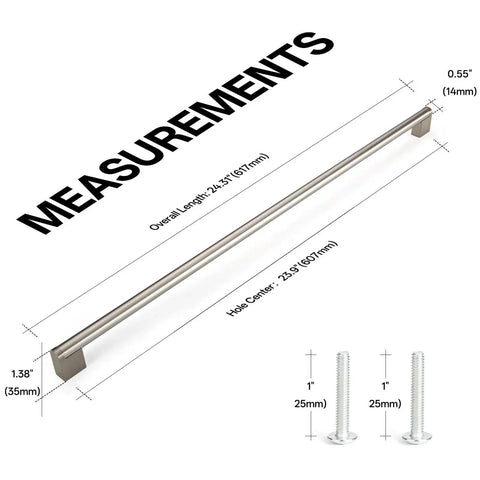 Diagram of Extra Long 24 Inch Cabinet Handles Set for wide drawers, showing 23.9 inch hole spacing, 24.31 inch total length, screws included.