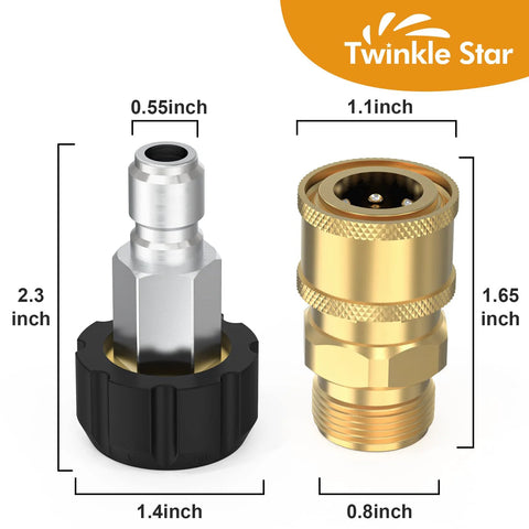Twinkle Star pressure washer adapters, M22 14mm swivel to 3/8in quick connect; silver swivel and brass connector.