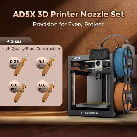AD5X 3D Printer Nozzle Kit with 0.25mm 0.4mm 0.6mm 0.8mm nozzles, shown with a 3D printer and brass nozzle display