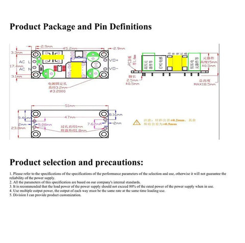 Diagram showing the dimensions and pin layout of 2 Pack 220V AC To 24V DC Isolated Switching Power Supply Module Board For DIY Projects.