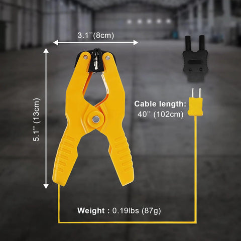 HVAC temperature clamp with banana plug adapter, yellow K-type thermocouple pipe clamp with 40-inch cable.