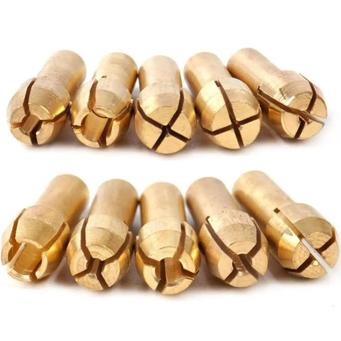 10 Piece Brass Collet Set For Dremel Rotary Tools Fits 0.5mm To 3.2mm Bits And 1/8 Inch Shank displayed on a white background