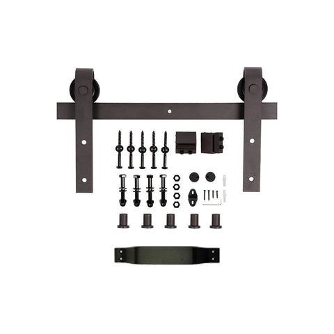 Knotty Pine Sliding Barn Door Kit hardware, smooth silent tracks, dark walnut finish, handcrafted in USA, unassembled panels