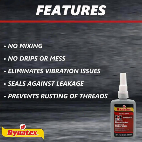 Red High Strength Threadlocker For Large Fasteners 1.70 Oz Bottle with list of features on side