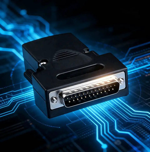 DB25 Solderless Male Adapter For RS232 D Sub Serial To 25 Pin Port Connector on blue circuit board background