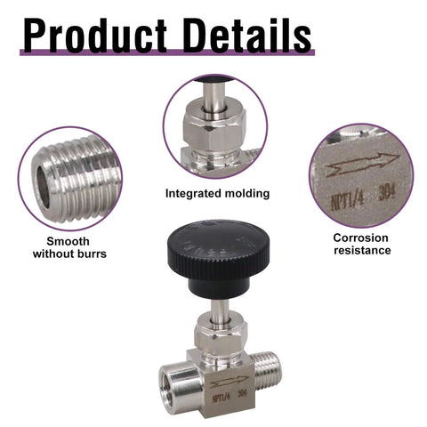 Needle valve, stainless steel, 1/4 NPT female x 1/4 NPT male, black knob, 1 pc.