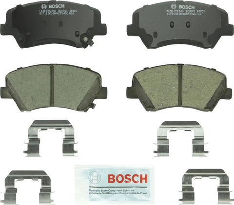 Bosch QuietCast ceramic front brake pads set with mounting hardware and lubricant packet