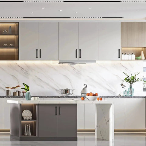 Modern kitchen with Matte Black Kitchen Cabinet Pulls Set Of 10 5 Inch Metal Cabinet Handles for cupboards shown on white cabinets.