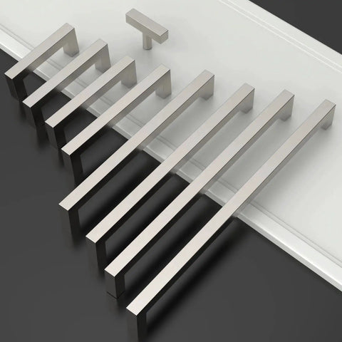 10 Pack Brushed Satin Nickel Cabinet Pulls 5 Inch Center To Center Square Drawer Handles set arranged on white background