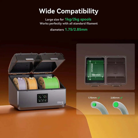 Image of SpacePi X4 Filament Dryer Box For Four Spools 360 Degree Uniform Drying 200W PTC Dehydrator showing 1kg and 2kg spools compatibility
