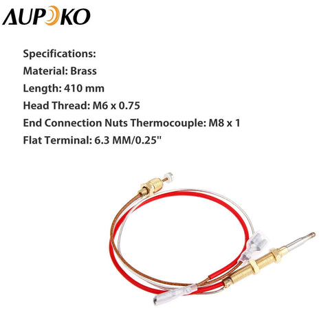 Aupoko patio heater thermocouple with brass fittings, 410 mm, M8x1 end nuts, M6x0.75 head thread, 6.3 mm terminal