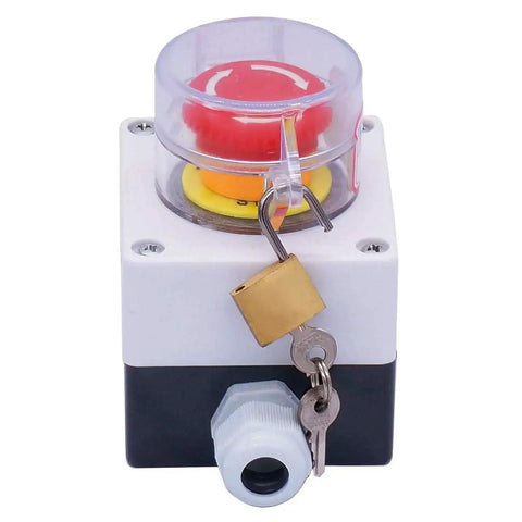 22mm Emergency Stop Push Button Switch With Red Mushroom Latching Design Station Box Cover 2 NC 10A 440V Key Lock Stop Box