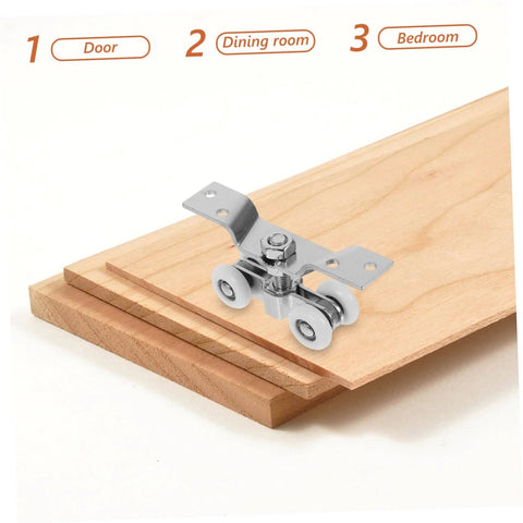 Two Piece Indoor Outdoor Sliding Door Rollers Set With Stainless Steel Silent Nylon Wheels on wooden door panel