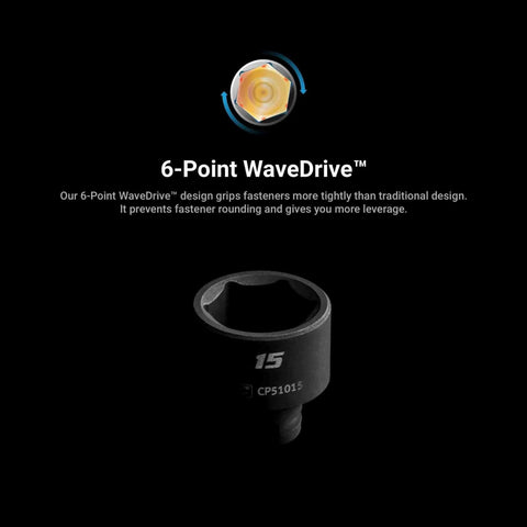 Six-point WaveDrive shallow impact socket shown with enhanced grip design against a black background.