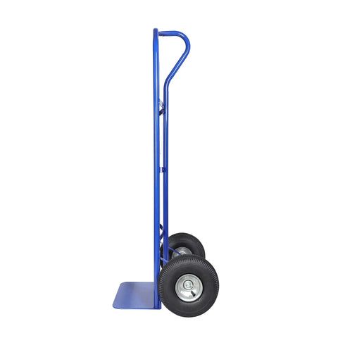Blue steel hand truck with vertical loop handle and dual wheels; 800 lb capacity (side view).