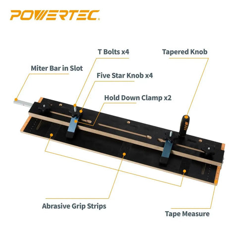 Table Saw Taper And Straight Line Jig For Precise Tapering And Straight Line Cutting Pro Grade In A Three Quarters Inch Wide By Three Eighths Inch Deep Miter Slot Includes 36 Inch Miter Bar Adjustable Fence Hold Down Clamps And Measuring Tools with labeled parts.