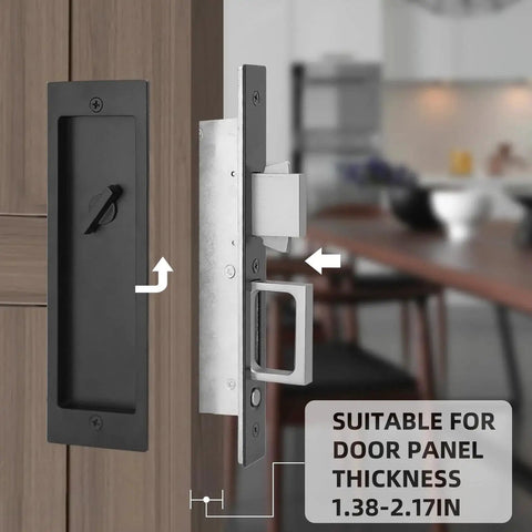 Modern Pocket Door Hardware Set With Privacy Lock, Finger Flush Pulls and Soft Close; black zinc alloy for sliding doors.