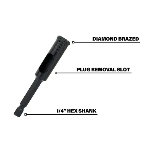 Side view of 1/2 Inch Diamond Hole Saw With Hex Shank Vacuum Brazed Diamond Cutter for Granite Tile Porcelain Stone and Glass, labeled features
