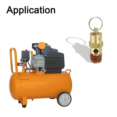 PATIKIL 1/4 in NPT air compressor safety valve, brass with ring, 165 PSI set, shown beside orange portable compressor.