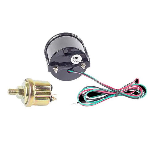 Back view of digital oil pressure gauge kit with NPT 1/8 inch sensor, wiring, and mounting components, 52mm size.