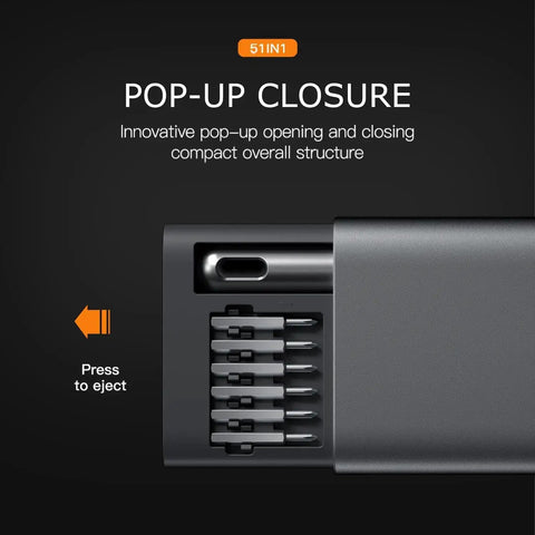 Pop-up closure of 51 In 1 Mini Precision Screwdriver Set Portable Magnetic Go-To Repair Kit with visible bits and press to eject button.
