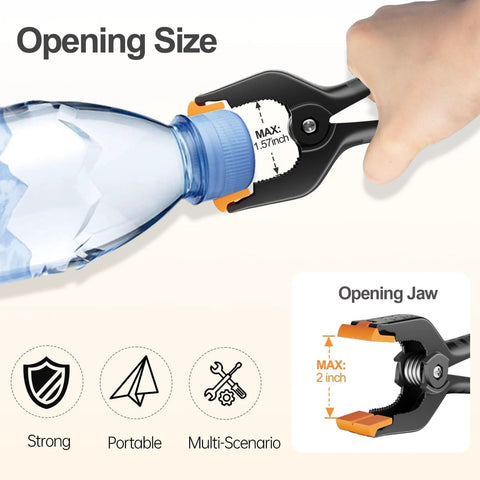 EMART 12-pack heavy-duty plastic spring clamps, 4.5 inches, hand using clamp to open a bottle cap.