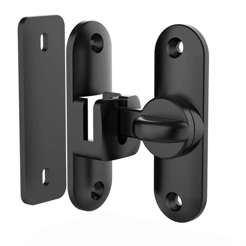 Compact 90 180 Degree Sliding Door Latch, heavy duty flip bar lock for bathroom or garden, black, rustproof zinc alloy, easy install.