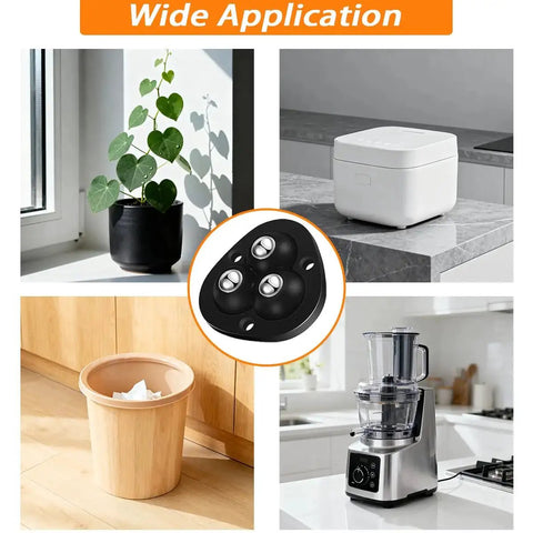 Peel And Stick Adhesive Caster Wheels For Appliances And Furniture 360 Degree Swivel Universal Rollers shown under kitchen bin and appliances.
