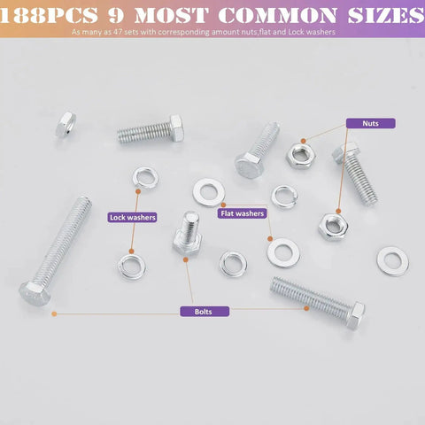 All In One Heavy Duty M6 M8 M10 Nuts Bolts Set With Washers Nine Most Common Sizes 188 Piece Hex Machine Screws Zinc Alloy Steel