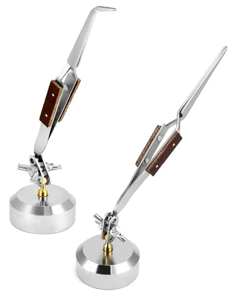 Two Pack Third Hand Tweezers With Straight And Curved Tips, Cross-Locking Clamps And 360 Degree Rotating Base on white background