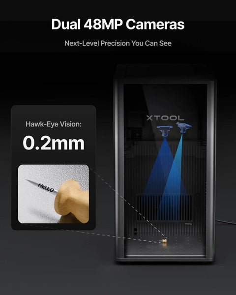 Dual Laser Engraver Powerhouse With 60W MOPA Fiber And 40W Diode Delivers Colorful Metal Engraving Deep 3D Carving And Fast Precision On Wood Acrylic Leather Glass Vinyl And More 15000 Millimeters Per Second Auto Streamline AI XTool F2 Ultra with dual 48MP cameras for precision and 0.2mm accuracy.