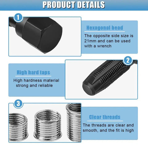 Image of the 14mm Spark Plug Thread Repair Kit With Tap And Four Thread Inserts For Damaged Spark Plug Holes featuring a hexagonal head, high hard taps, and clear threads.