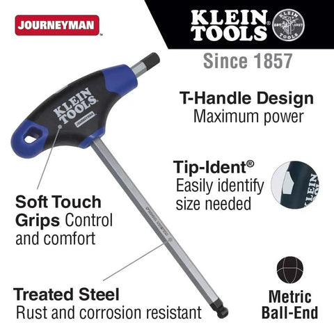 Ball End 5 Mm Hex Key With Journeyman T Handle 6 Inch Length Soft Touch Grips For Maximum Control Treated Steel For Rust And Corrosion Resistance Size Marked On Each Handle Ideal For Pros And DIYers.