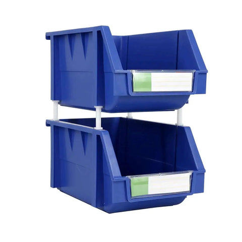 Blue Heavy Duty Thermoplastic Storage Bin Organizer Built To Last, Stackable and Hangable with side connect, shown stacked