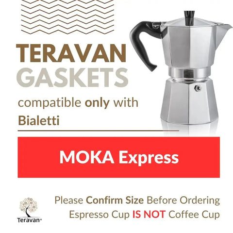 Replacement Silicone Gasket Kit For Bialetti Moka Express 12 Cup Includes Three Gaskets And Filter Plate Fits 74 mm Inner Diameter And 90 mm Outer Diameter Keeps Your Espresso Pot Sealed And Brewing Strong image with stove espresso maker and size compatibility note.