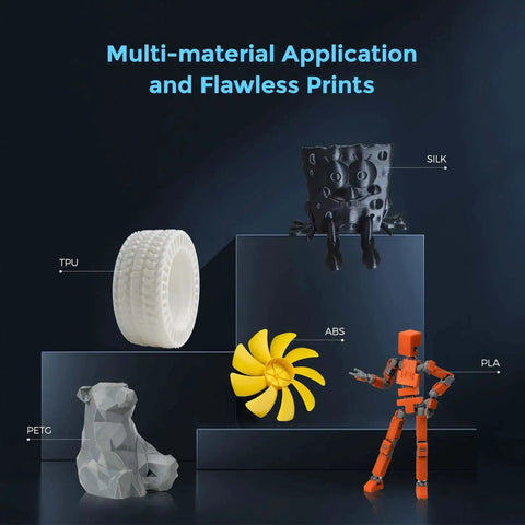 Various 3D printed objects showcasing multi-material application with Adventurer 5M Pro High Speed Enclosed 3D Printer For Home And School.