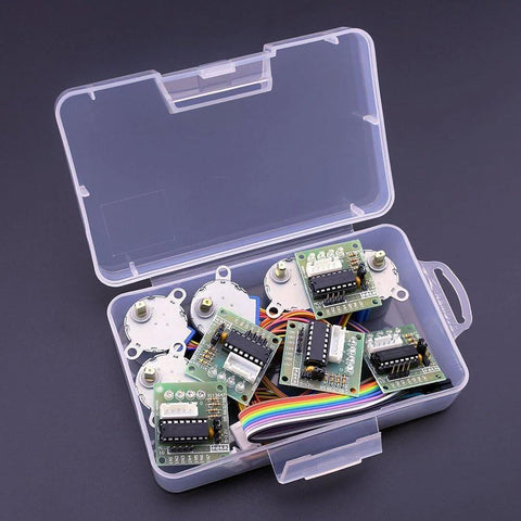 Five ELEGOO 28BYJ-48 5V stepper motors with ULN2003 driver boards in a clear plastic case and rainbow cables