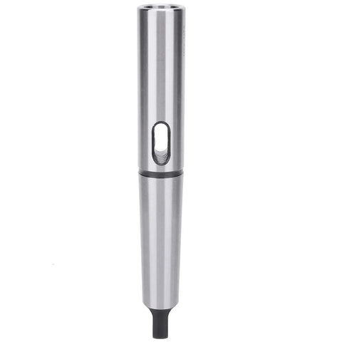Front view of lengthened Morse MT4 to MT3 drill sleeve reducing adapter in silver quenched high-speed steel